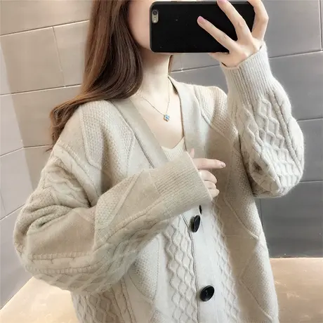2023秋冬新款韩版宽松V领麻花针织开衫女时尚纯色麻花毛衣外套潮商品大图