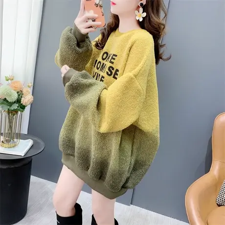 设计感渐变加绒加厚羊羔毛卫衣女2023秋冬新款宽松慵懒风外套上衣图片