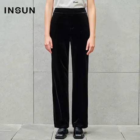 INSUN恩裳线上专选冬季丝绒弹力抗皱高腰直筒裤图片