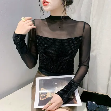 黑色网纱烫钻拼接上衣性感高领透视上衣气质秋冬减龄收腰打底衫潮商品大图