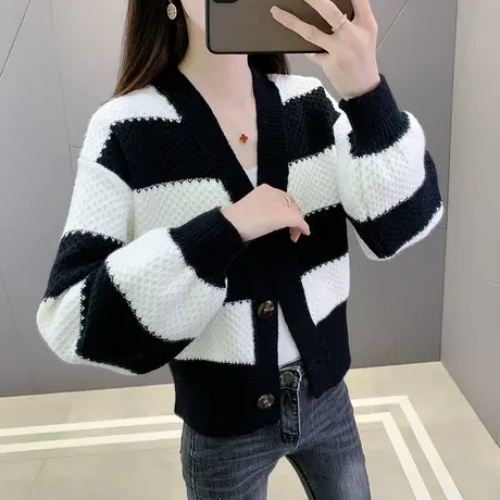 慵懒风撞色条纹v领毛衣开衫外套女早秋季韩版小个子短款针织上衣商品大图