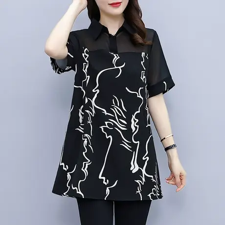 宽松雪纺衫女夏季短袖2023新款大码胖mm遮肚子时尚洋气上档次小衫商品大图