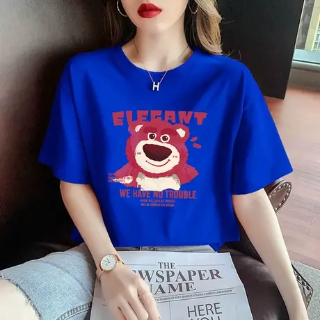 草莓熊短袖t恤女夏季新款半袖体恤高级感潮牌纯棉克莱因蓝上衣服图片