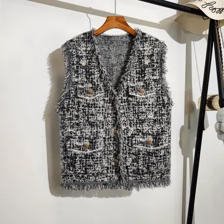 小香风毛衣马甲开衫女秋冬新款宽松v领名媛气质流苏针织马夹外套商品大图