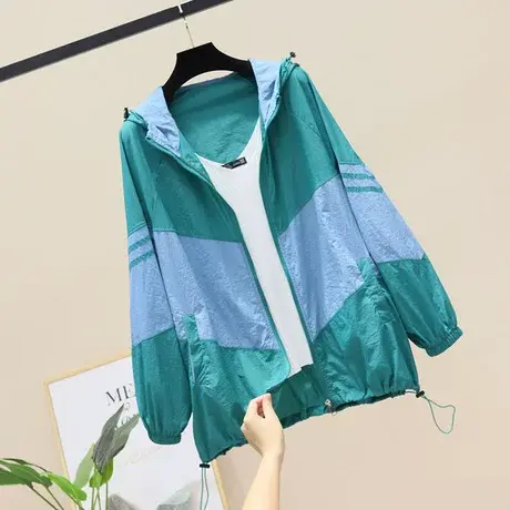 连帽透气防晒衣女2023年夏季薄款条纹拼色拉链开衫撞色中长款外套商品大图