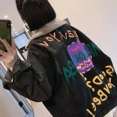 2023秋冬季印花加绒牛仔外套女韩版宽松加厚棉服上衣时尚棉衣外套商品大图
