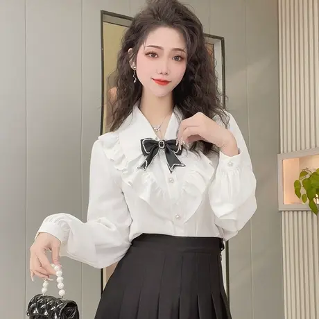 蝴蝶结衬衣女小香风春秋长袖设计感小众雪纺甜美小个子宽松白衬衫商品大图