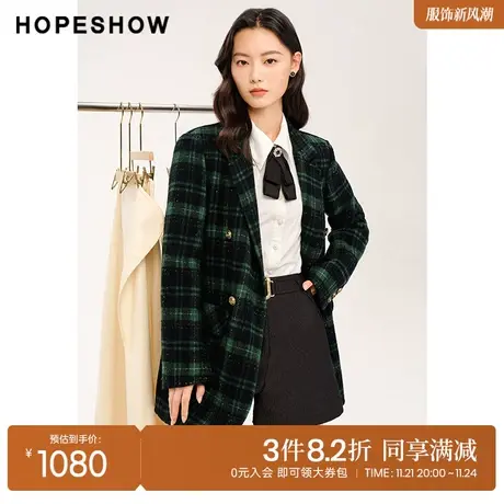 红袖outlets绿色格纹翻领外套hopeshow2023冬款时尚短款西装西服图片