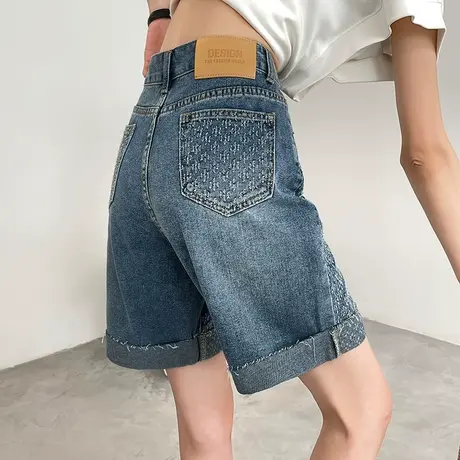 提花牛仔短裤女夏季薄款高腰宽松显瘦港味直筒阔腿卷边五分中裤子商品大图