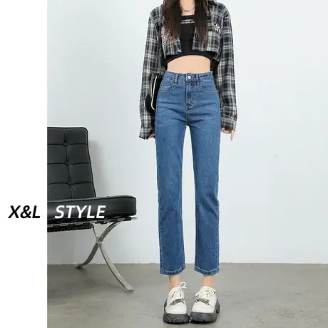 复古蓝烟管牛仔裤女秋季2023新款设计感修身显瘦直筒百搭法棍裤子图片