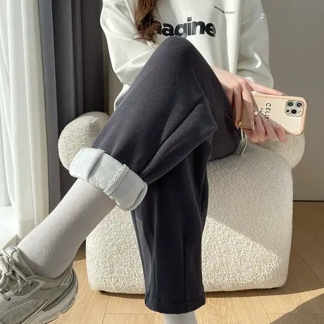 灰色加绒哈伦裤女秋冬新款高腰宽松休闲小个子萝卜裤加厚保暖卫裤图片