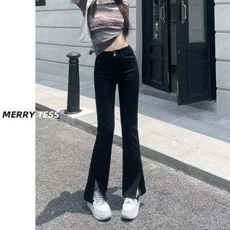 黑色开叉微喇叭牛仔裤女2023年秋季新款设计感高腰显瘦双扣马蹄裤商品大图