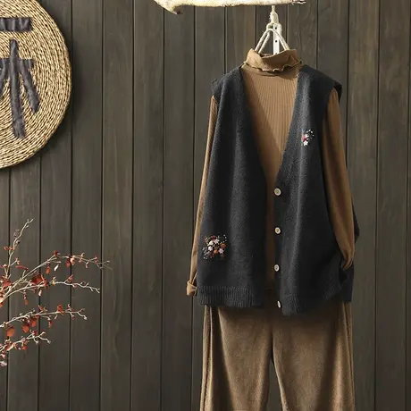 枫谜2020年秋装新款文艺刺绣针织马夹开衫女宽松休闲无袖毛衣外套图片