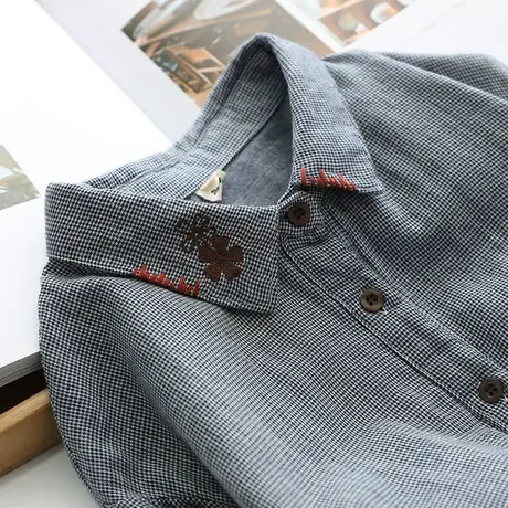 春秋季复古翻领刺绣双层棉纱千鸟格子衬衫女宽松百搭学生叠穿上衣商品大图