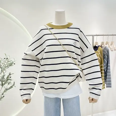 条纹毛衣女洋气百搭厚款软糯浣熊绒宽松显瘦撞色圆领针织衫打底商品大图