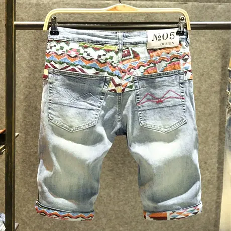 夏季ins潮牌刺绣牛仔短裤男直筒修身韩版五分裤破洞潮流百搭中裤商品大图