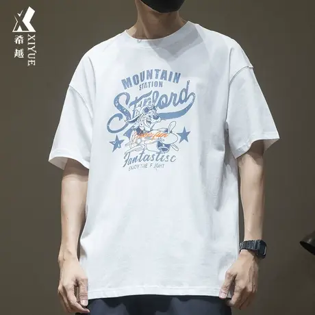 希越美式复古夏天白t恤男胸前印花短袖夏季宽松大码百搭半袖上衣商品大图