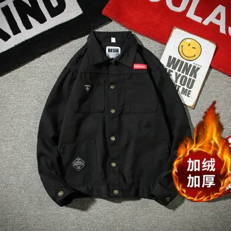 秋季牛仔外套男加绒宽松韩版潮流黑色夹克男士休闲工装潮牌上衣服商品大图