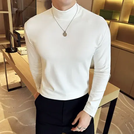 基础款小高领纯棉百搭T恤男长袖美拉德OOTD极简风叠穿宽松打底TEE商品大图