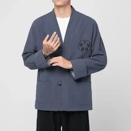 春秋男亚麻夹克中式复古刺绣加肥加大码男装汉服休闲外套盘扣衣服图片