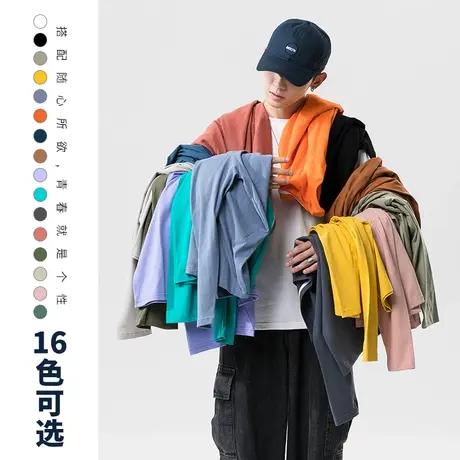 男士长袖t恤纯棉2021新款春秋季宽松纯色衣服内搭上衣秋装打底衫商品大图