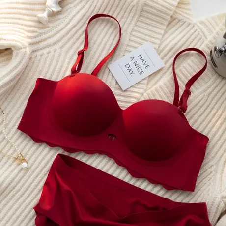红色内衣套装女小胸聚拢本命年胸罩纯欲性感无钢圈收副乳半杯文胸商品大图