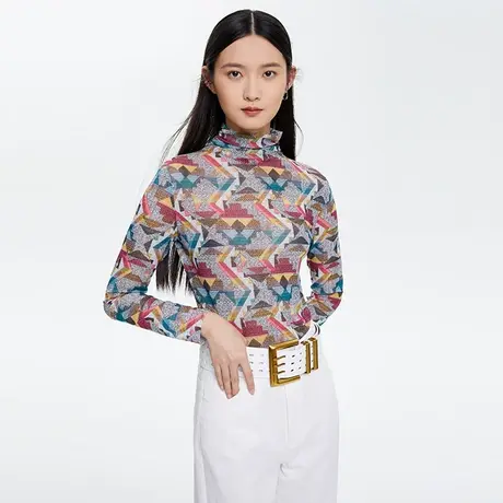 LANCY/朗姿长袖打底透气印花T恤新款女士装同款专柜正品奥莱图片