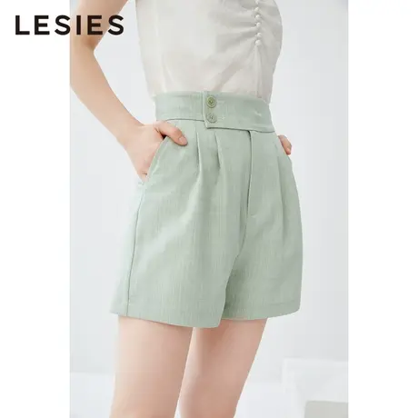 LESIES蓝色倾情春秋新款时尚休闲暗条纹纽扣OL阔腿裤女休闲裤短裤商品大图