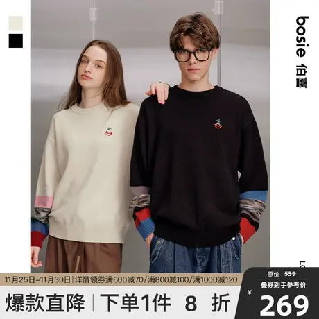 【“喜”系列】bosie2023年秋新款圆领毛衫男情侣拼接趣味针织衫商品大图