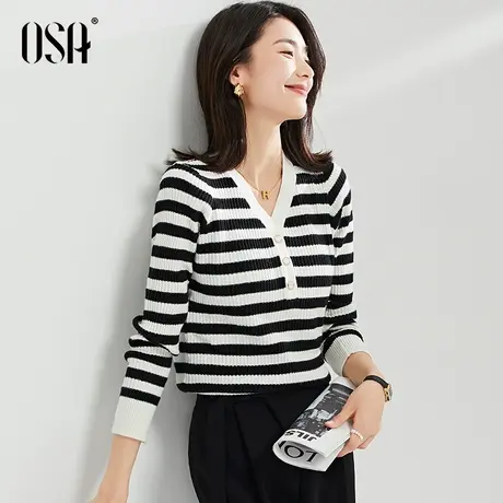 OSA欧莎小香风v领条纹打底针织衫上衣女秋装2022新款洋气毛衣内搭商品大图