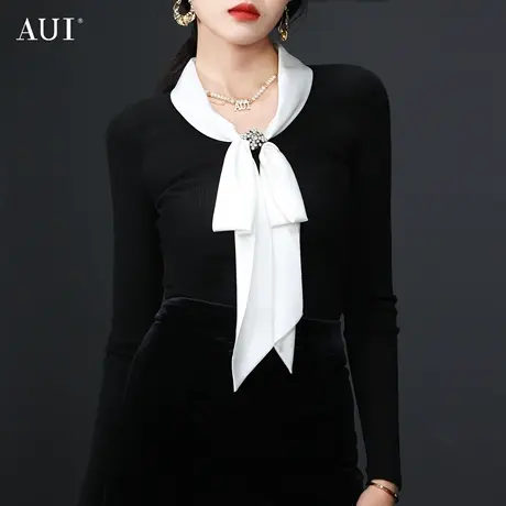 AUI黑色时尚气质修身针织衫女2022秋冬新款设计感蝴蝶结显瘦上衣图片