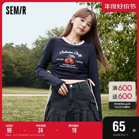 森马长袖T恤女短款修身印花复古甜酷2023秋新款心机抽绳衣服辣妹商品大图