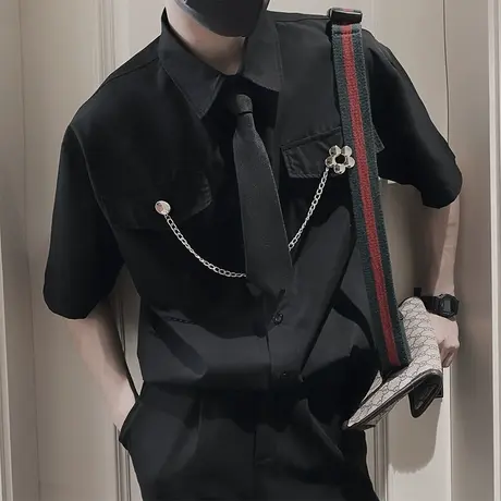 夏季链条衬衫上衣宽松潮流休闲帅气韩版领带装饰发型师潮牌衬衣商品大图