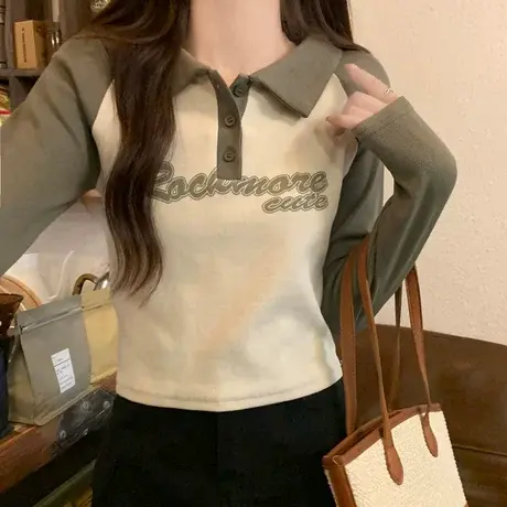 美式复古长袖t恤女2023秋季新款撞色插肩纯棉短款修身Polo领上衣商品大图