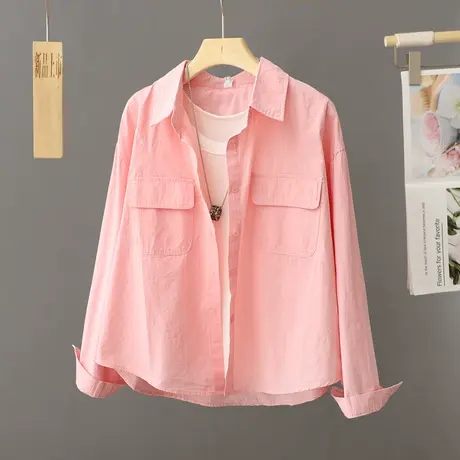 衬衫外套女士短款减龄小清新粉色衬衣春装小个子休闲别致纯棉上衣商品大图