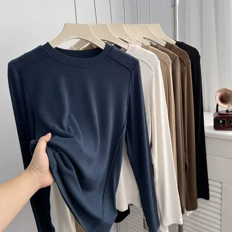 软糯糯温柔纯色圆领长袖t恤女春秋内搭明线设计感打底衫正肩上衣商品大图