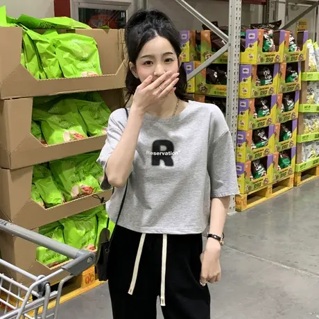 唐狮2023新款圆领短袖女T恤衫灰色夏季收腰短款港味chic上衣小众x商品大图