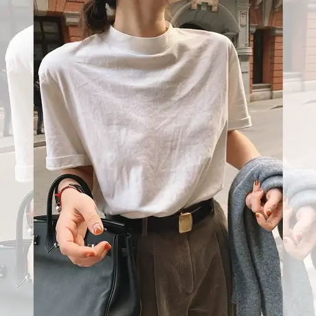 半高领白色短袖t恤女2024春夏新款宽松百搭纯棉打底衫上衣内搭潮商品大图