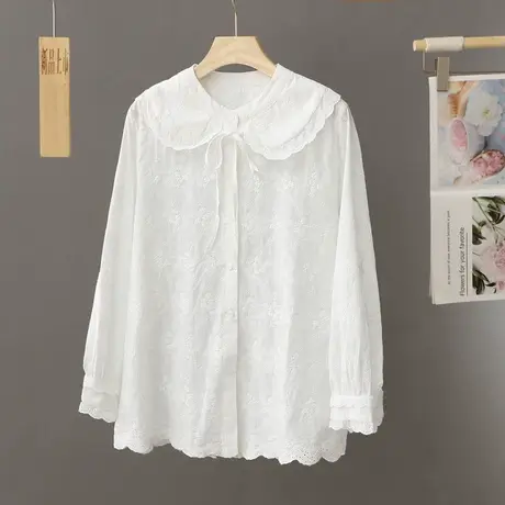 法式洋气白色刺绣衬衫女中长款宽松甜美大娃娃领蕾丝花边纯棉衬衣图片