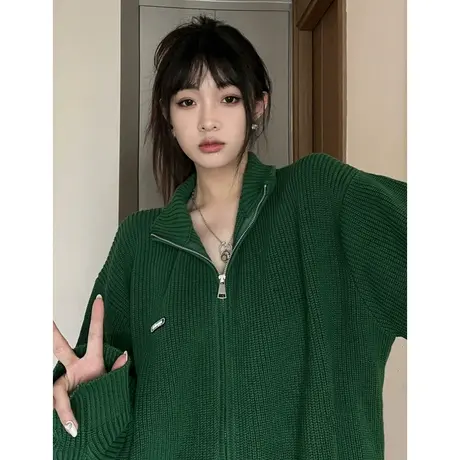 设计感翻领毛衣女春秋季宽松慵懒风高级日系复古软糯针织拉链外套图片