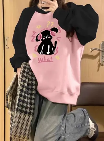 落肩圆领卫衣女春秋薄款小众设计感宽松oversize美式复古套头上衣图片