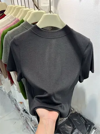 欧货半高领短袖T恤女2024春夏新款软糯上衣甜酷风百搭针织打底衫商品大图