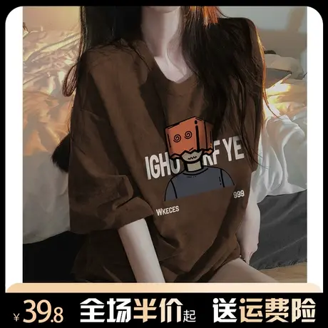 棕色纯棉短袖t恤女2024新款美式复古oversize慵懒风半袖上衣春夏商品大图