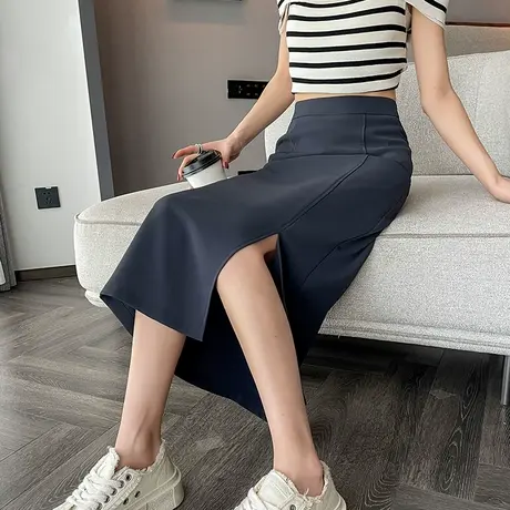 灰色前开叉西装裙半身裙女夏季新款高腰显瘦中长款a字包臀一步裙图片