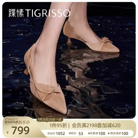 蹀愫2023新蝴蝶结黑色法式高跟鞋尖头皮鞋绒面单鞋女TA43127-11商品大图