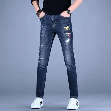 2023男款刺绣男士春秋深蓝破洞牛仔裤男修身小脚弹力男款裤子休闲图片