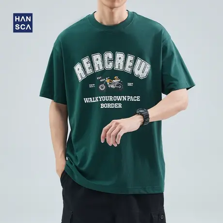 hansca美式复古短袖男夏季青少年潮牌印花休闲大码纯棉半袖打底衫商品大图