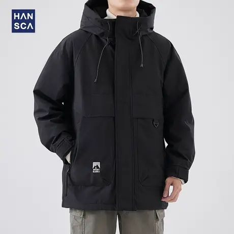 hansca中长款工装连帽羽绒服男冬季新款90白鸭绒防风加厚保暖外套图片