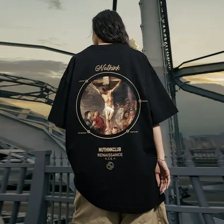 Nuthink美式高街复古油画短袖T恤男潮宽松大码情侣半袖上衣春季商品大图