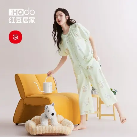 红豆【双层纱】纯棉睡衣女A类宽松透气纱布短袖中裤家居服套装夏商品大图